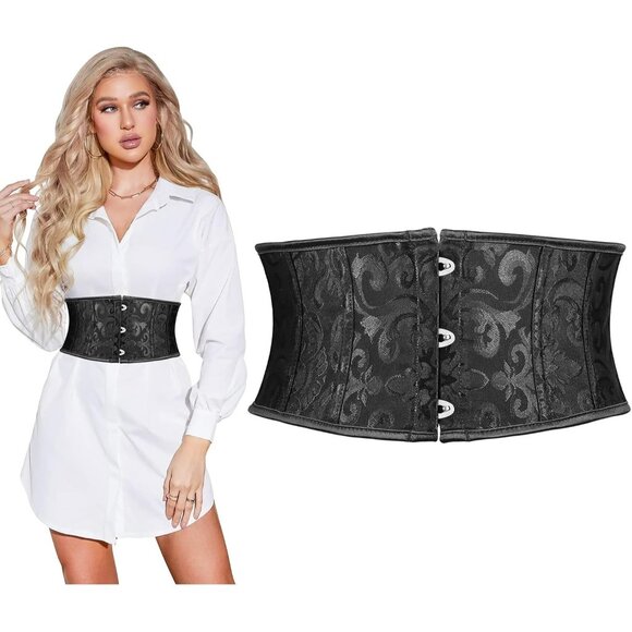 Women's Jacquard Corset Belt Lace Up Bustier Waspie Belt Renaissance Black - Picture 1 of 8